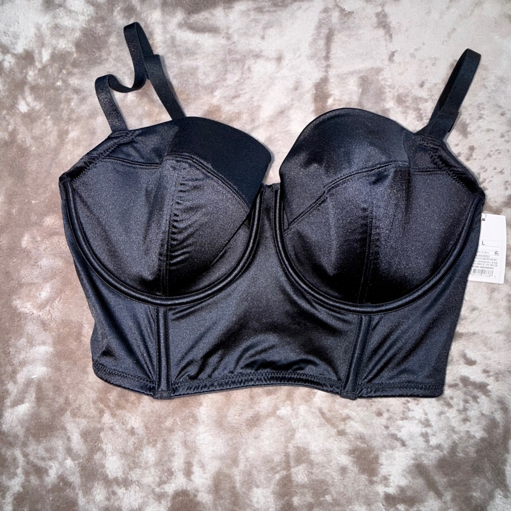 Auden‎ Corset Bustier Top Women L Black NEW Underwire Satin Mesh Strappy